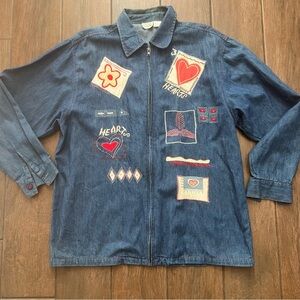 Vintage Halsey Collection 100% Cotton Zip Denim Embroidered Hearts Shirt sz L
